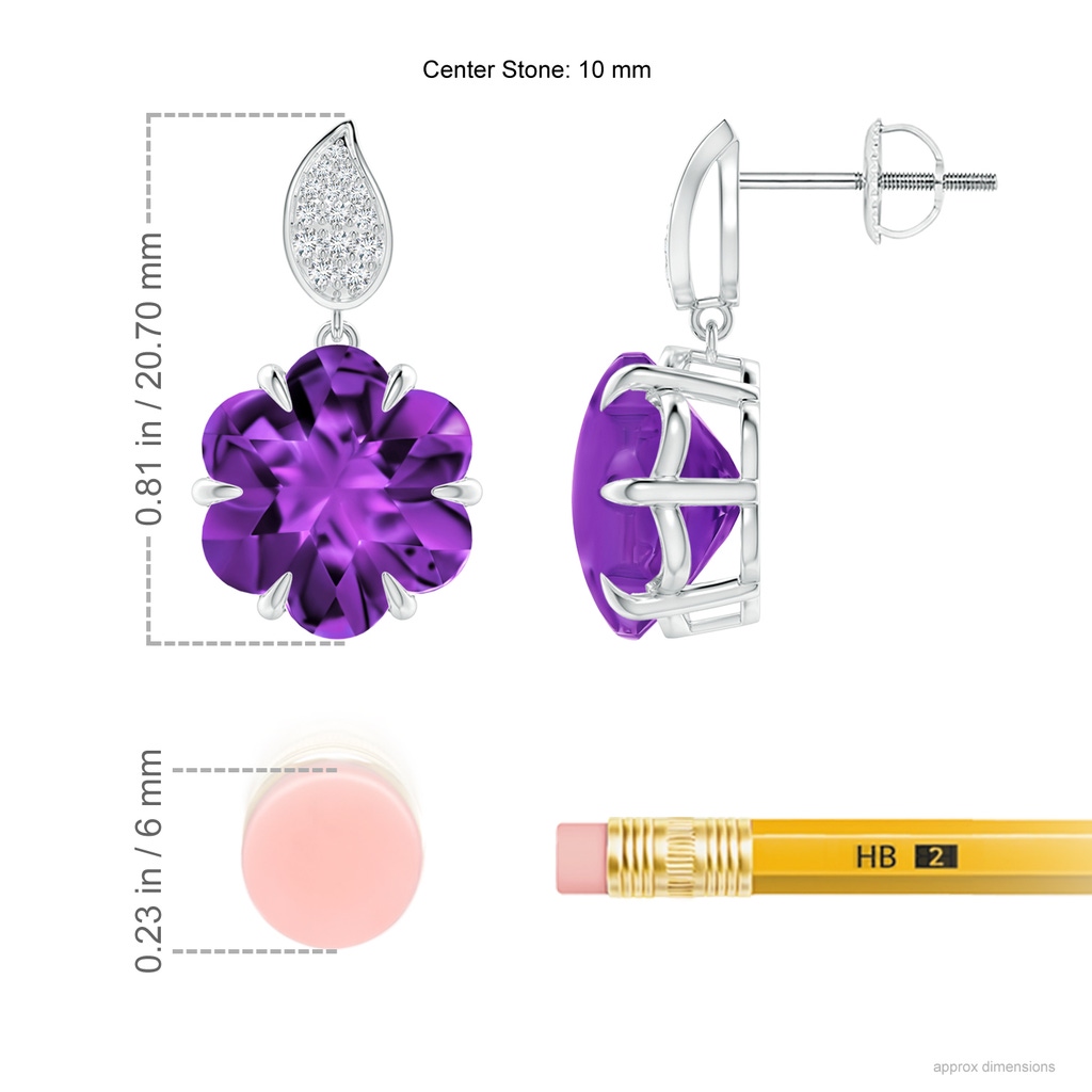 10mm AAAA Six-Petal Amethyst Flower Earrings with Diamonds in White Gold Ruler