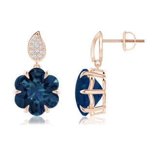 10mm AAAA Six-Petal London Blue Topaz Flower Earrings with Diamonds in 10K Rose Gold