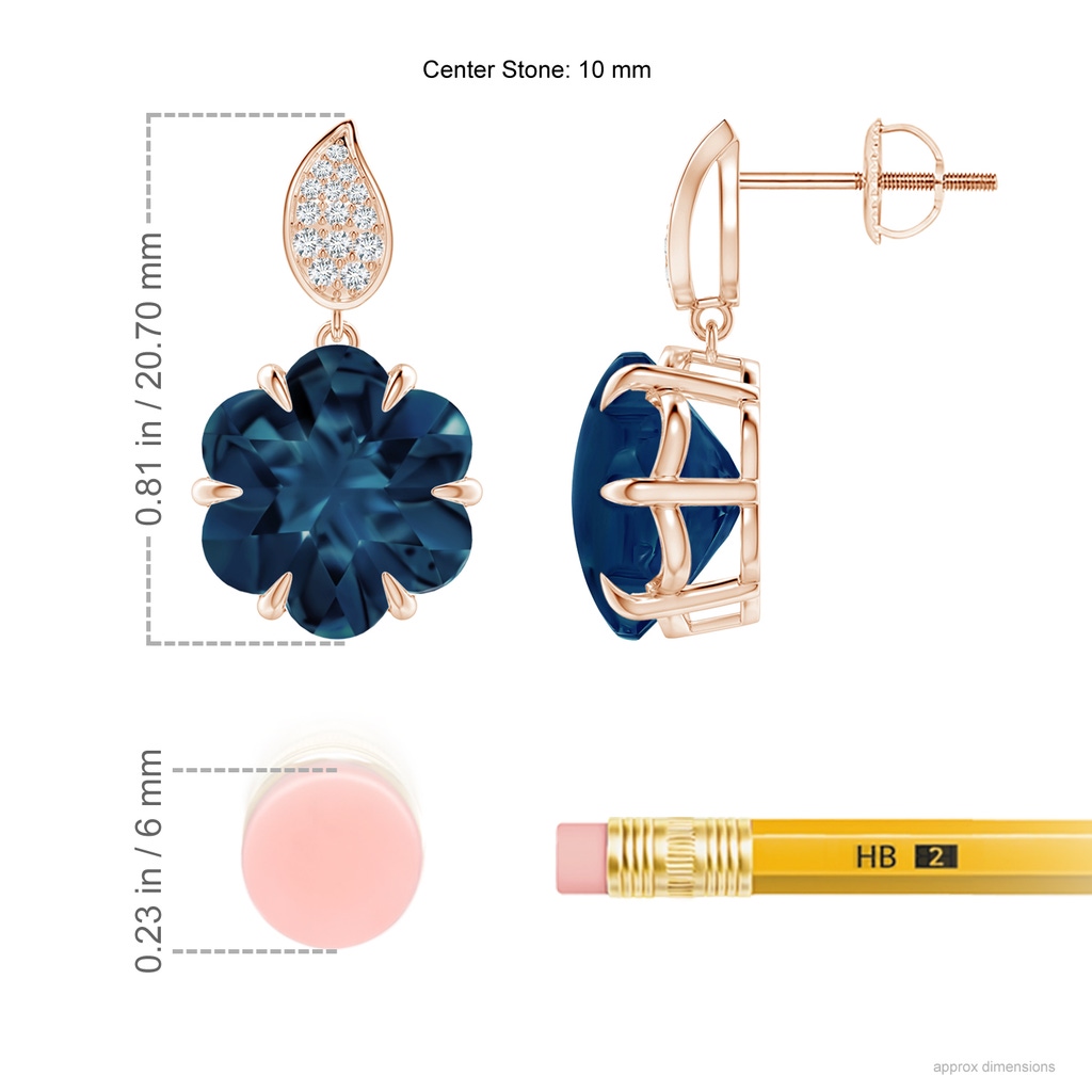 10mm AAAA Six-Petal London Blue Topaz Flower Earrings with Diamonds in 10K Rose Gold Ruler
