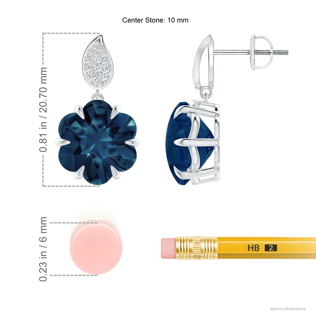 10mm AAAA Six-Petal London Blue Topaz Flower Earrings with Diamonds in White Gold Ruler