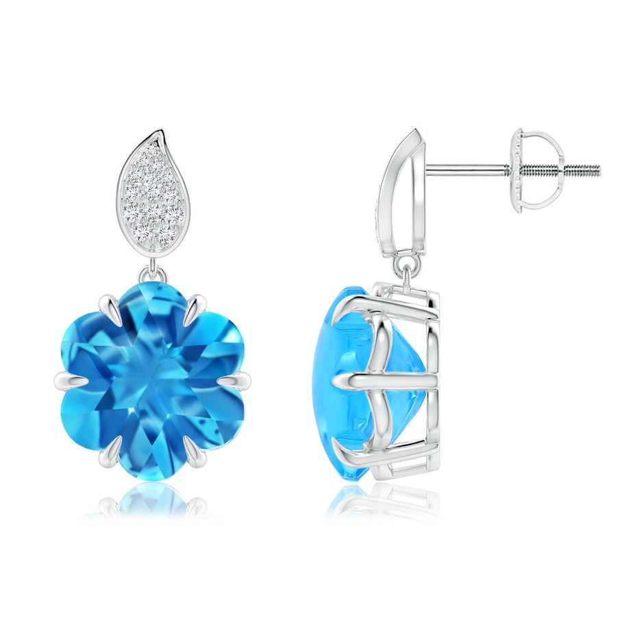 10mm AAAA Six-Petal Swiss Blue Topaz Flower Earrings with Diamonds in White Gold 