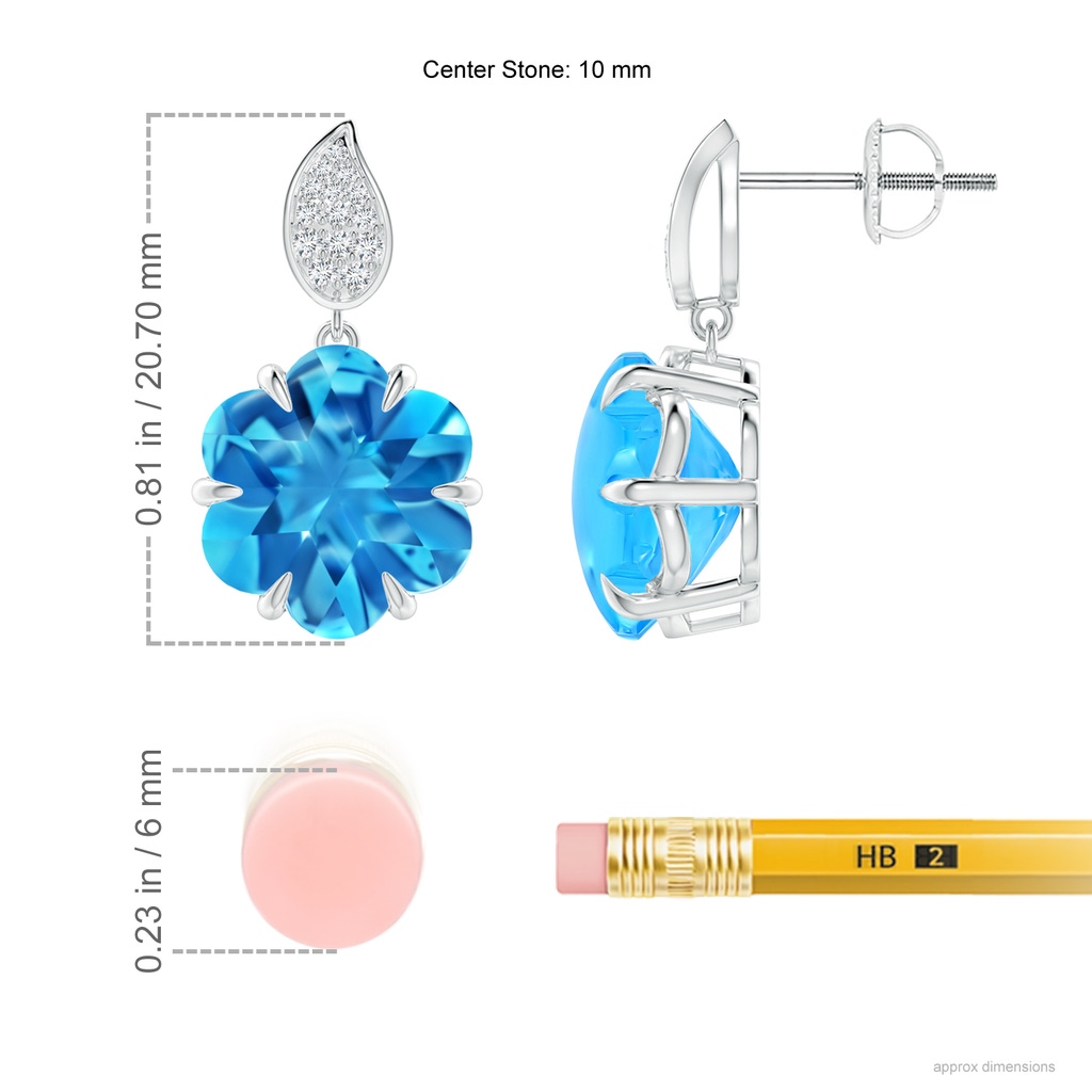 10mm AAAA Six-Petal Swiss Blue Topaz Flower Earrings with Diamonds in White Gold Ruler