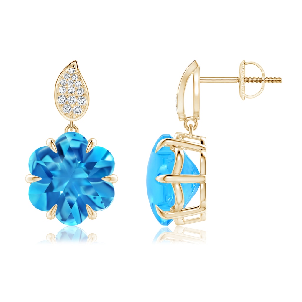 10mm AAAA Six-Petal Swiss Blue Topaz Flower Earrings with Diamonds in Yellow Gold