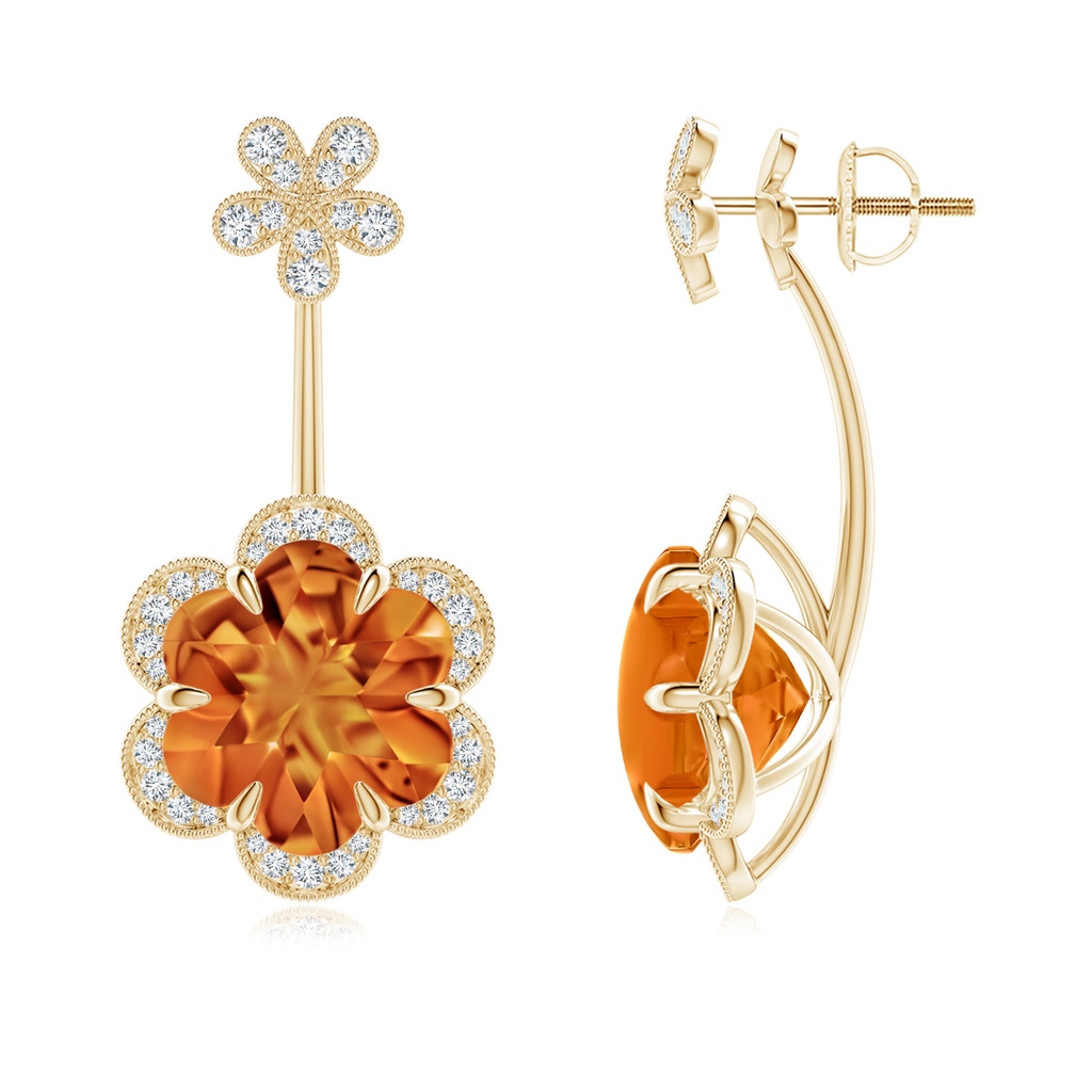 10mm AAAA Six-Petal Citrine Flower Halo Multi-Wear Earrings in Yellow Gold