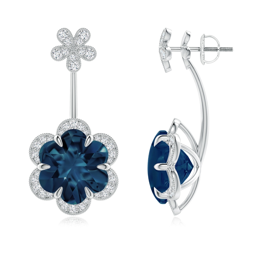 10mm AAAA Six-Petal London Blue Topaz Flower Halo Multi-Wear Earrings in White Gold