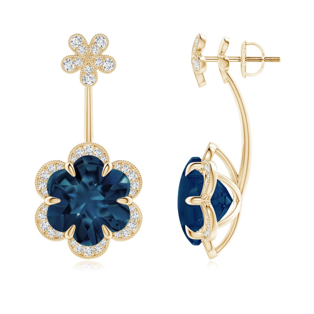 10mm AAAA Six-Petal London Blue Topaz Flower Halo Multi-Wear Earrings in Yellow Gold