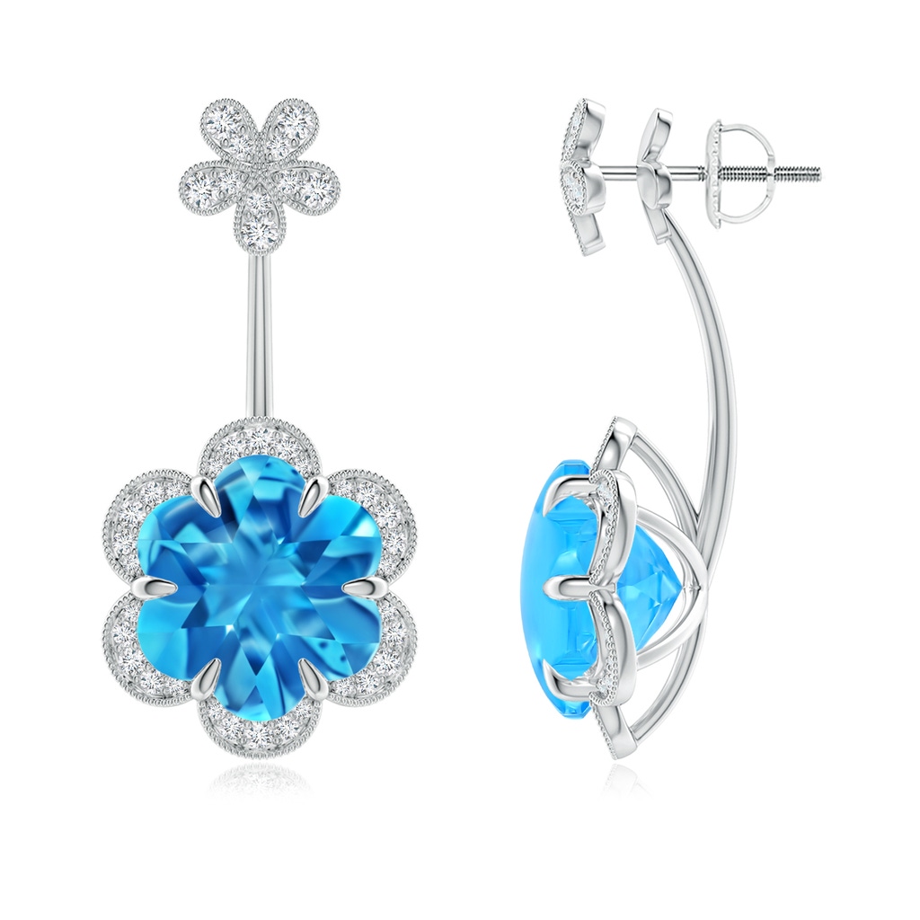 10mm AAAA Six-Petal Swiss Blue Topaz Flower Halo Multi-Wear Earrings in P950 Platinum