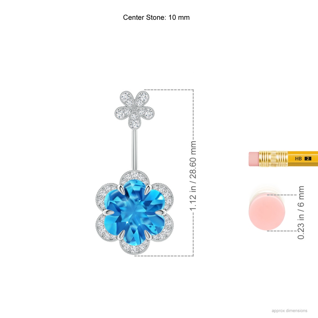 10mm AAAA Six-Petal Swiss Blue Topaz Flower Halo Multi-Wear Earrings in White Gold Ruler