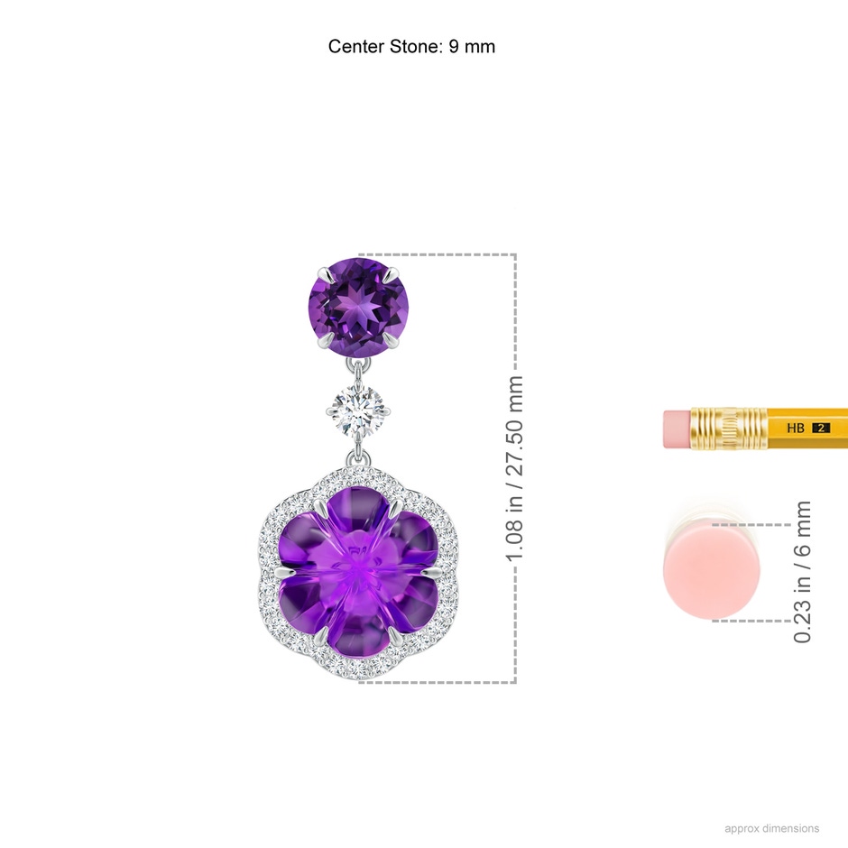 9mm AAAA Six-Petal Amethyst Flower Dangle Earrings in White Gold ruler