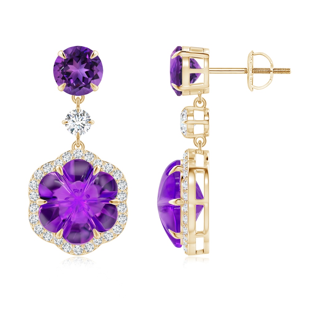 9mm AAAA Six-Petal Amethyst Flower Dangle Earrings in Yellow Gold