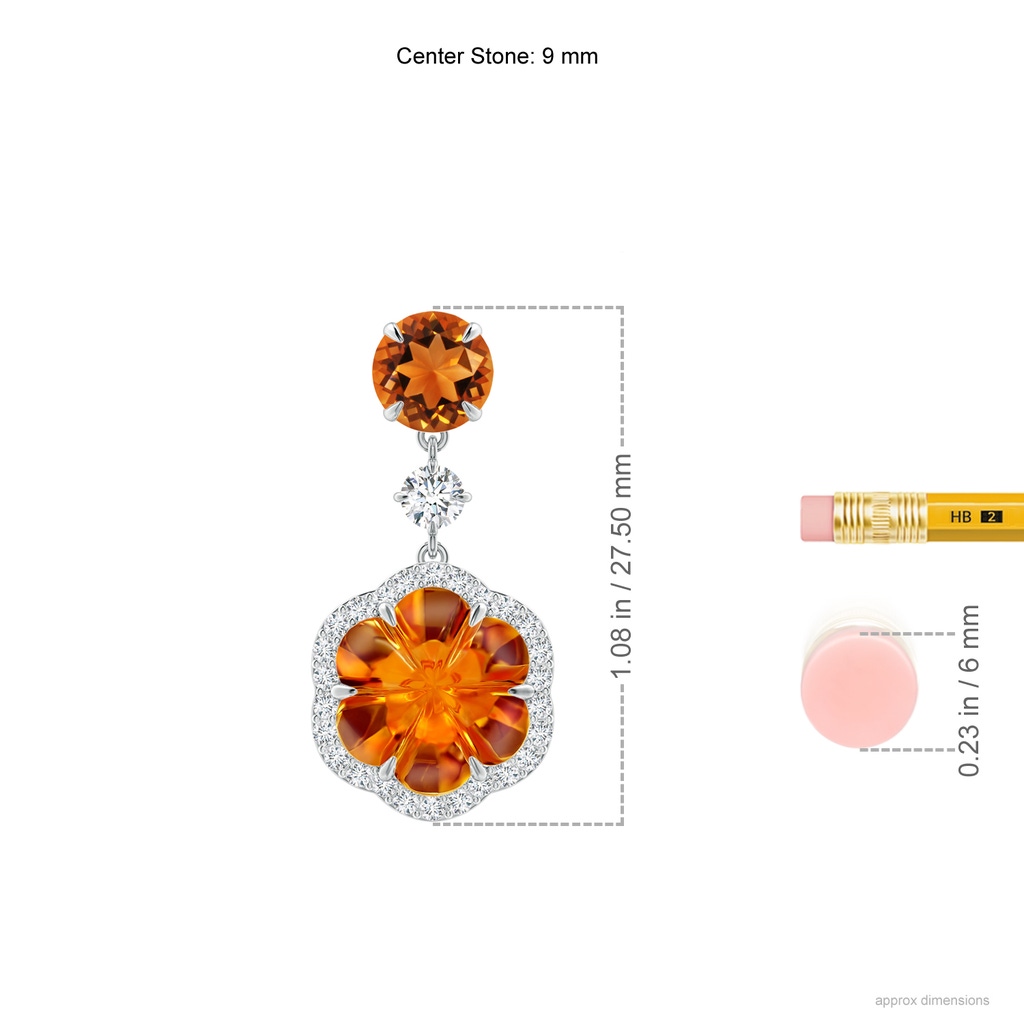 9mm AAAA Six-Petal Citrine Flower Dangle Earrings in White Gold Ruler