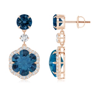 9mm AAAA Six-Petal London Blue Topaz Flower Dangle Earrings in 10K Rose Gold