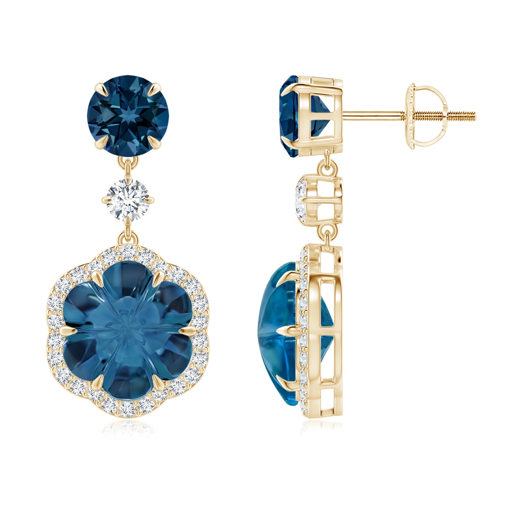 9mm AAAA Six-Petal London Blue Topaz Flower Dangle Earrings in Yellow Gold