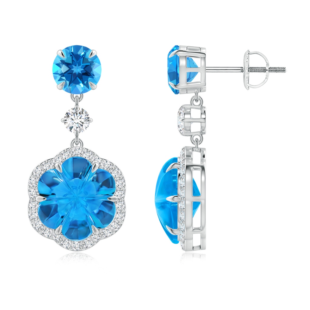 9mm AAAA Six-Petal Swiss Blue Topaz Flower Dangle Earrings in P950 Platinum