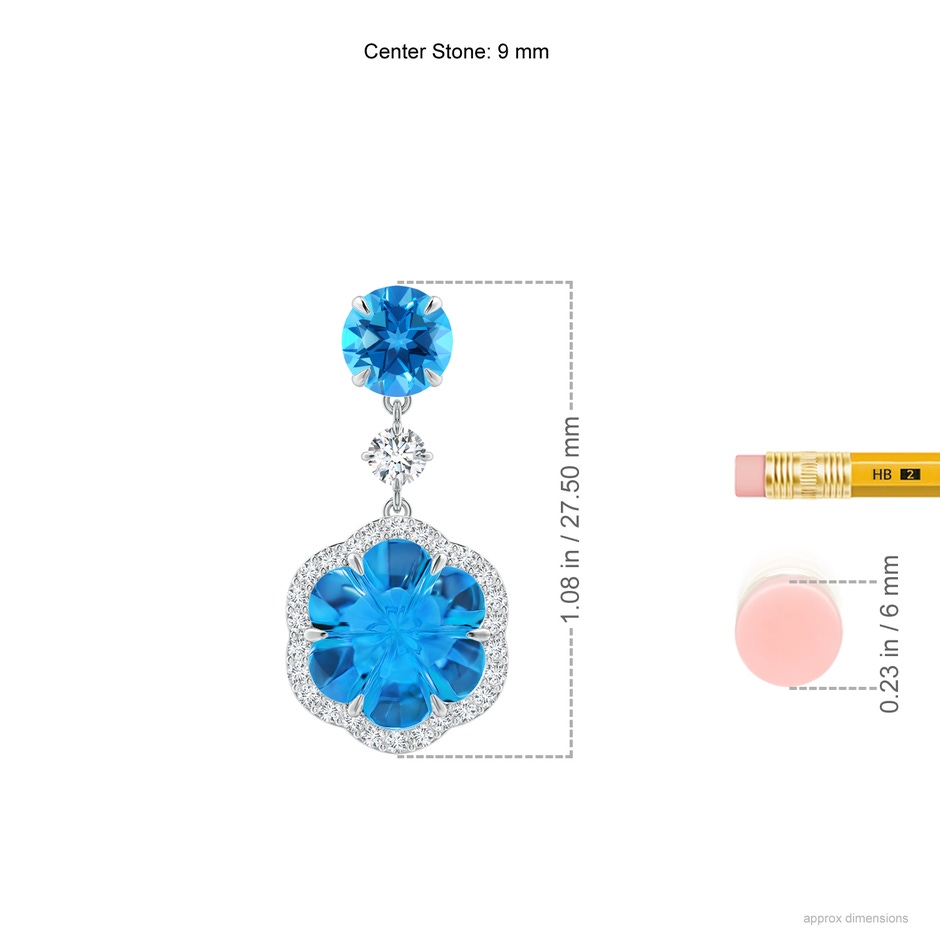 9mm AAAA Six-Petal Swiss Blue Topaz Flower Dangle Earrings in White Gold ruler