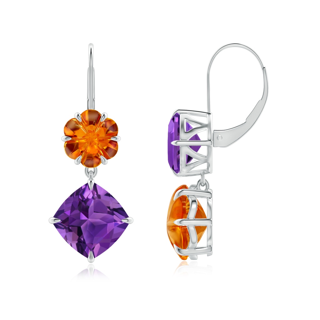 9mm AAAA Amethyst and Citrine Mismatch Flower Earrings in White Gold