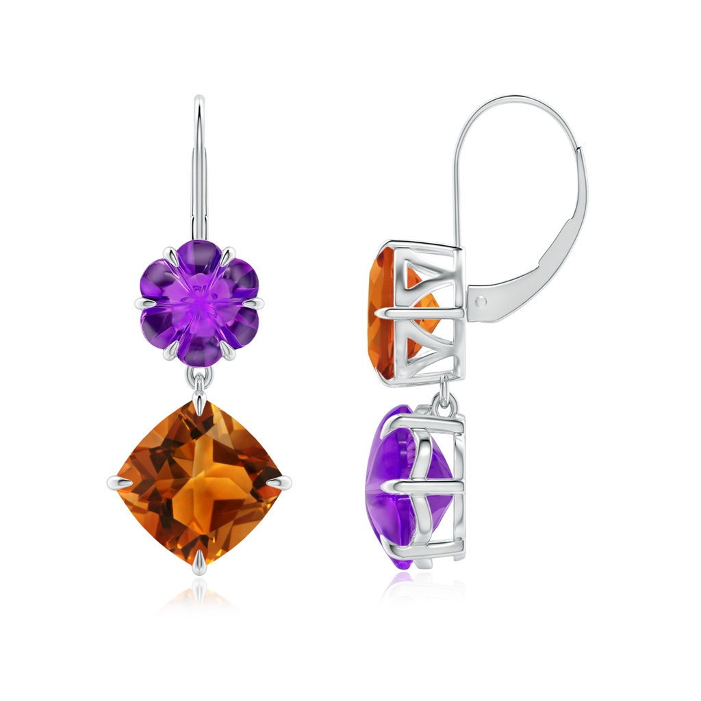 9mm AAAA Citrine and Amethyst Mismatch Flower Earrings in P950 Platinum