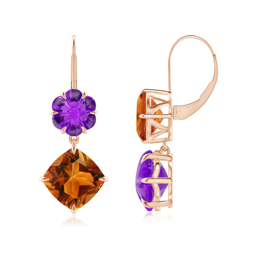 9mm AAAA Citrine and Amethyst Mismatch Flower Earrings in Rose Gold