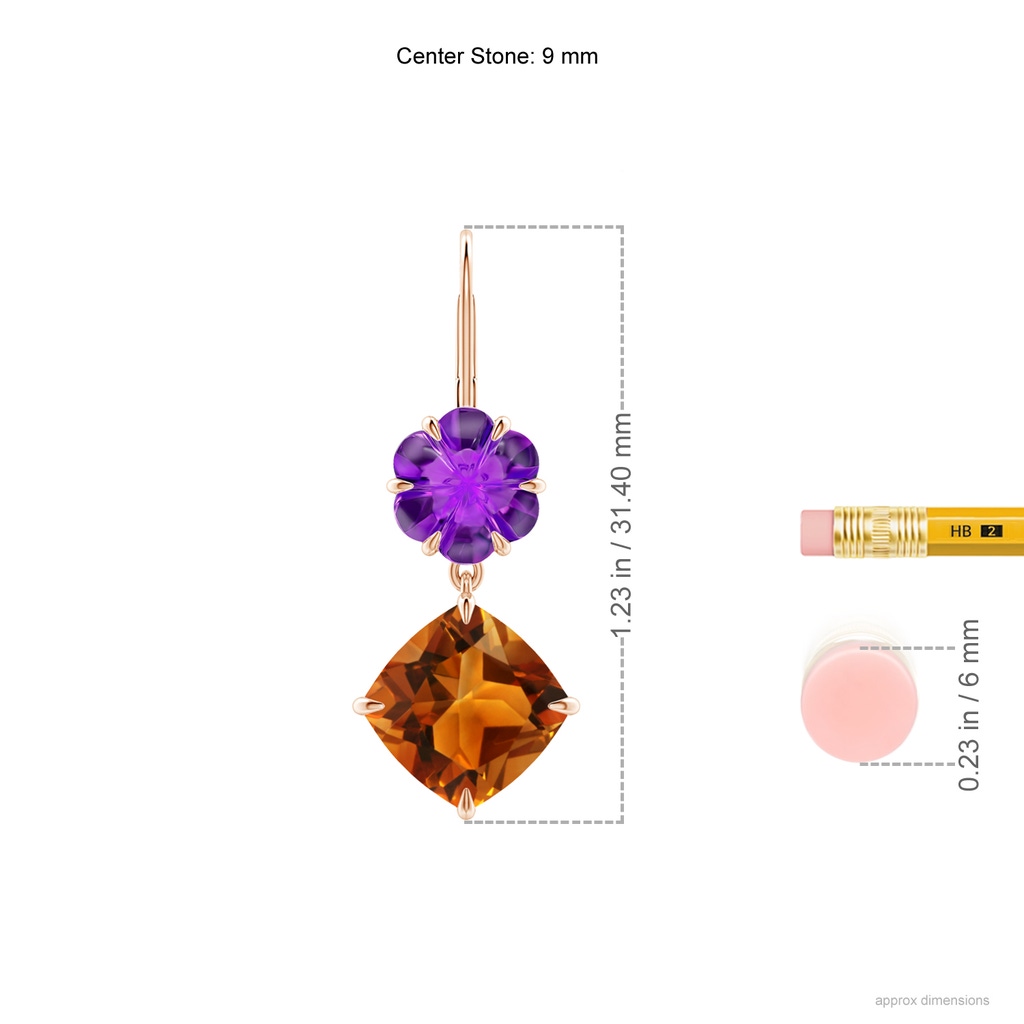 9mm AAAA Citrine and Amethyst Mismatch Flower Earrings in Rose Gold Ruler