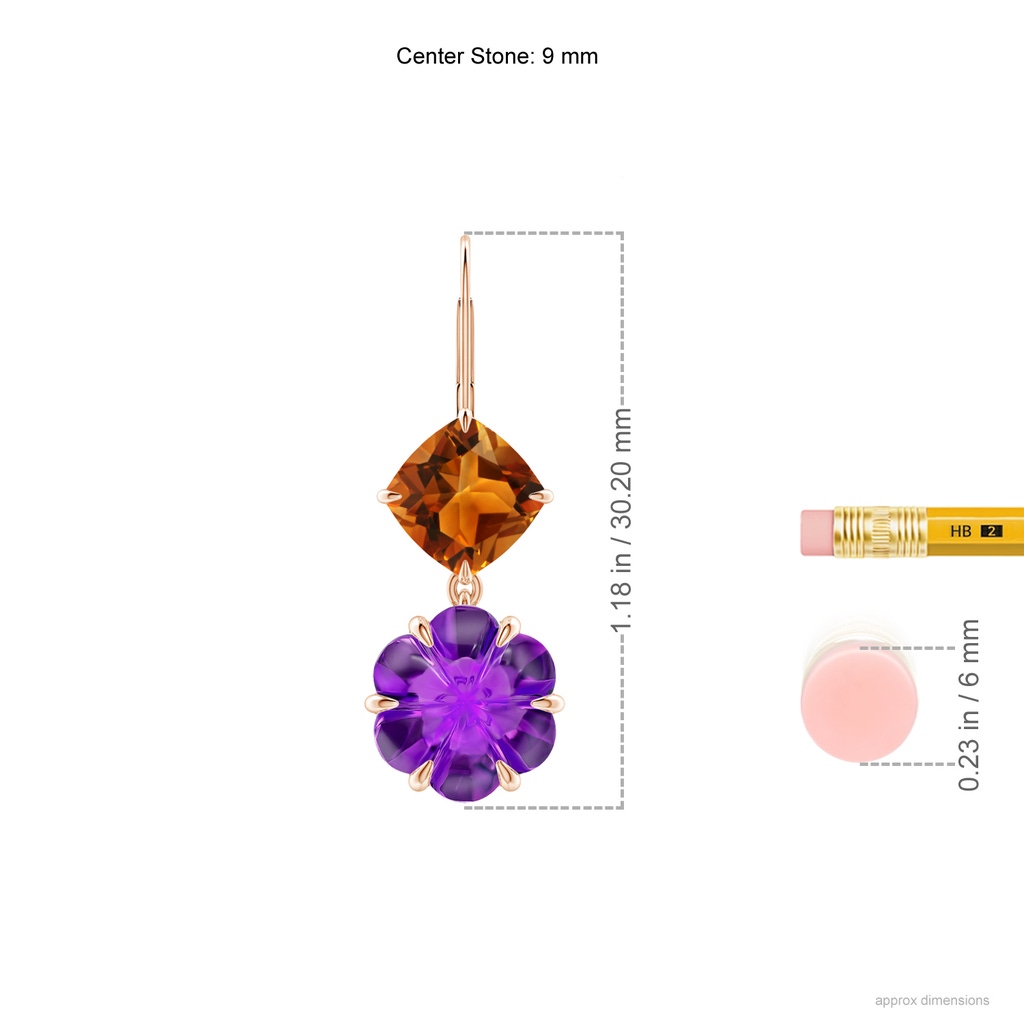 9mm AAAA Citrine and Amethyst Mismatch Flower Earrings in Rose Gold Ruler