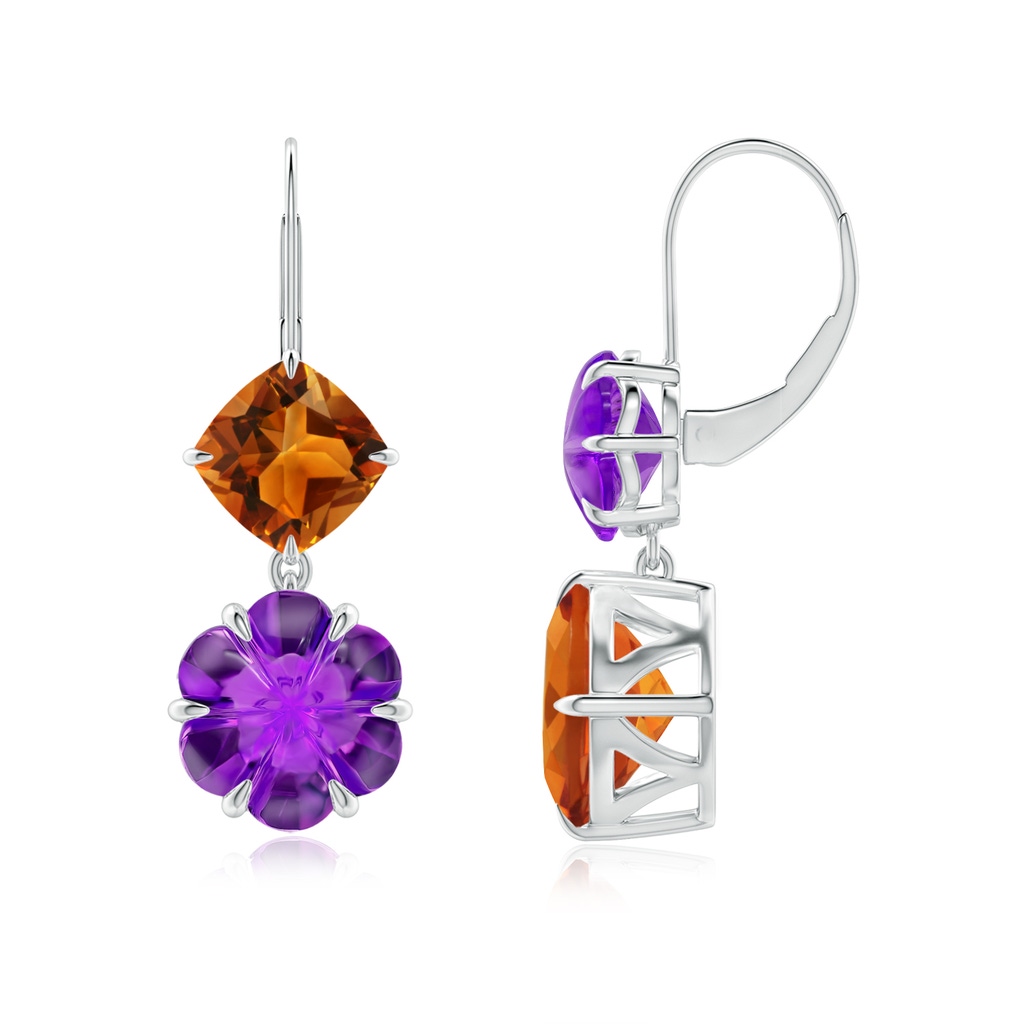 9mm AAAA Citrine and Amethyst Mismatch Flower Earrings in White Gold Main-1