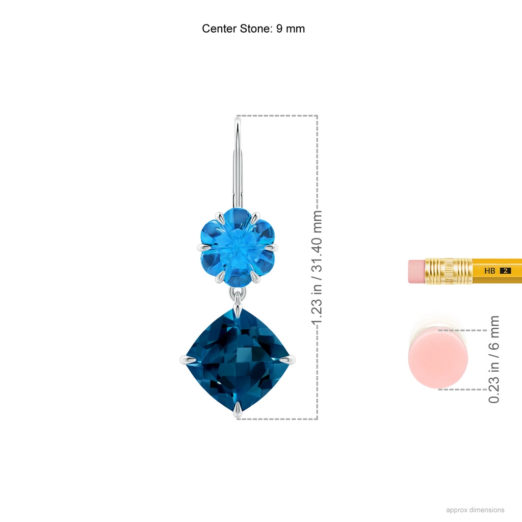 9mm AAAA London and Swiss Blue Topaz Mismatch Flower Earrings in White Gold Ruler