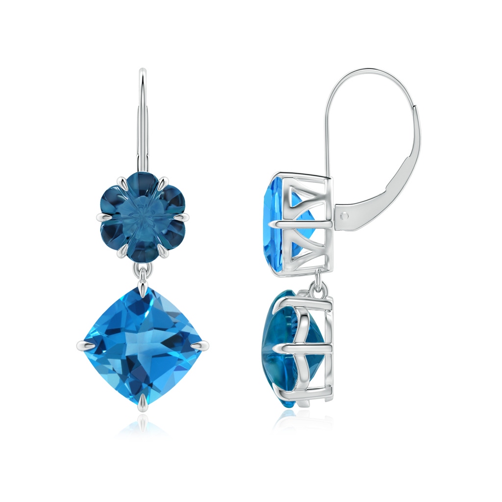 9mm AAAA Swiss and London Blue Topaz Mismatch Flower Earrings in P950 Platinum