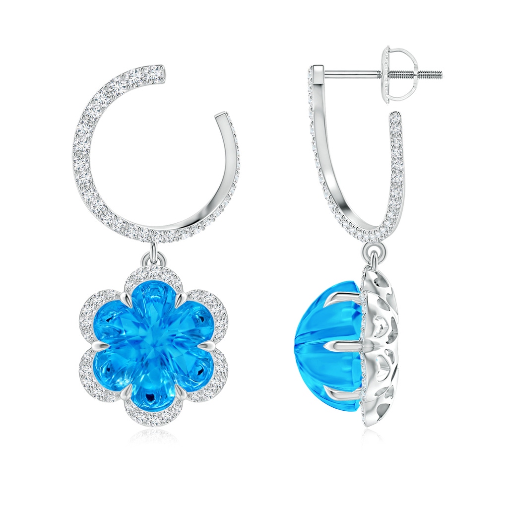 10mm AAAA Orange Peel Inspired Swiss Blue Topaz Flower Earrings in White Gold