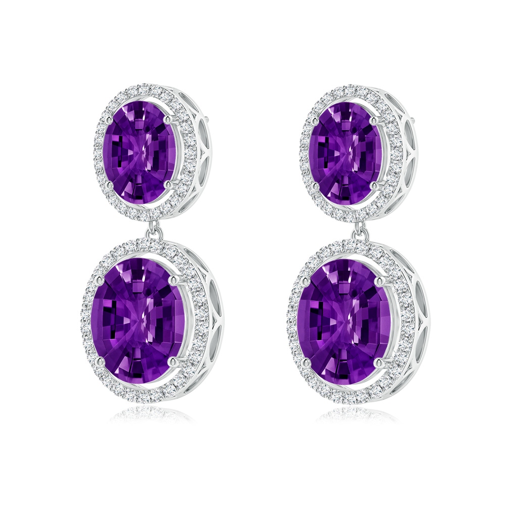 11x9mm AAAA Oval Amethyst and Diamond Halo Dangle Earrings in White Gold 