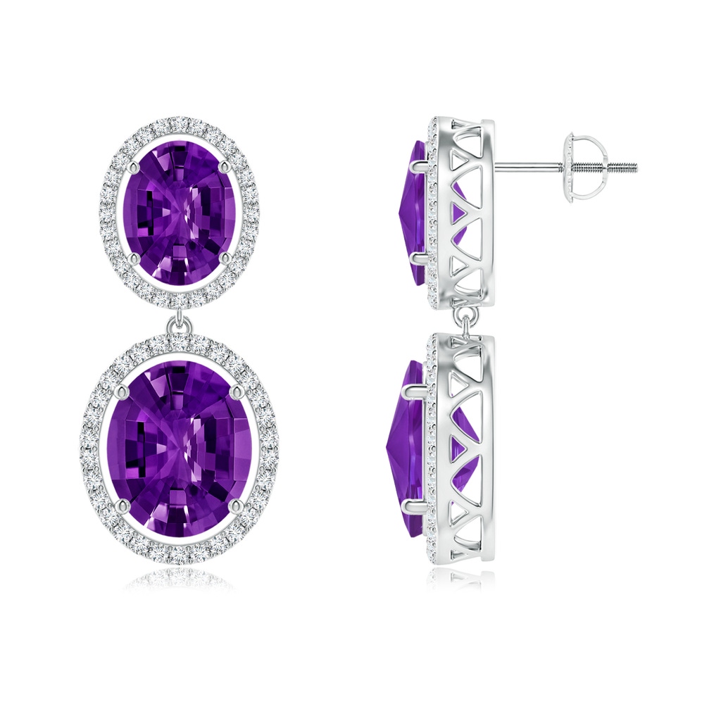 11x9mm AAAA Oval Amethyst and Diamond Halo Dangle Earrings in White Gold Side-1