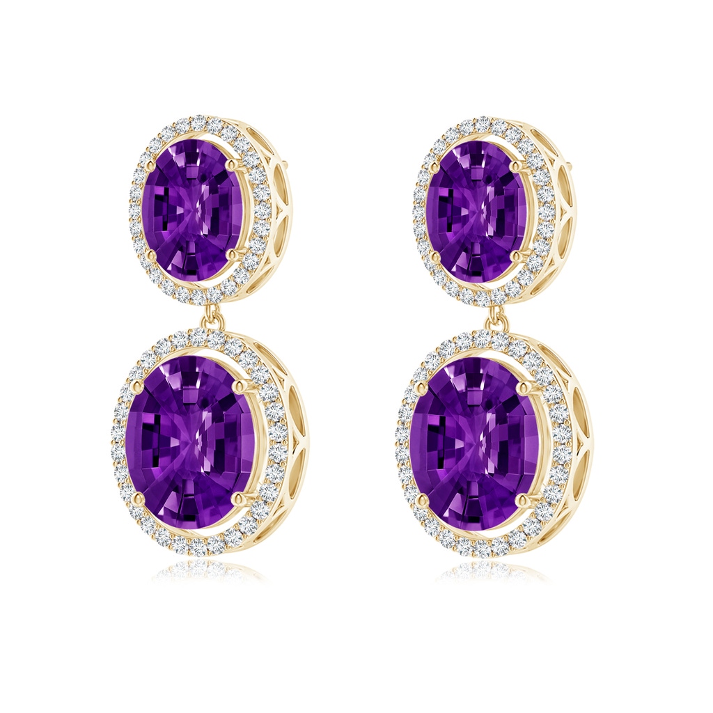 11x9mm AAAA Oval Amethyst and Diamond Halo Dangle Earrings in Yellow Gold