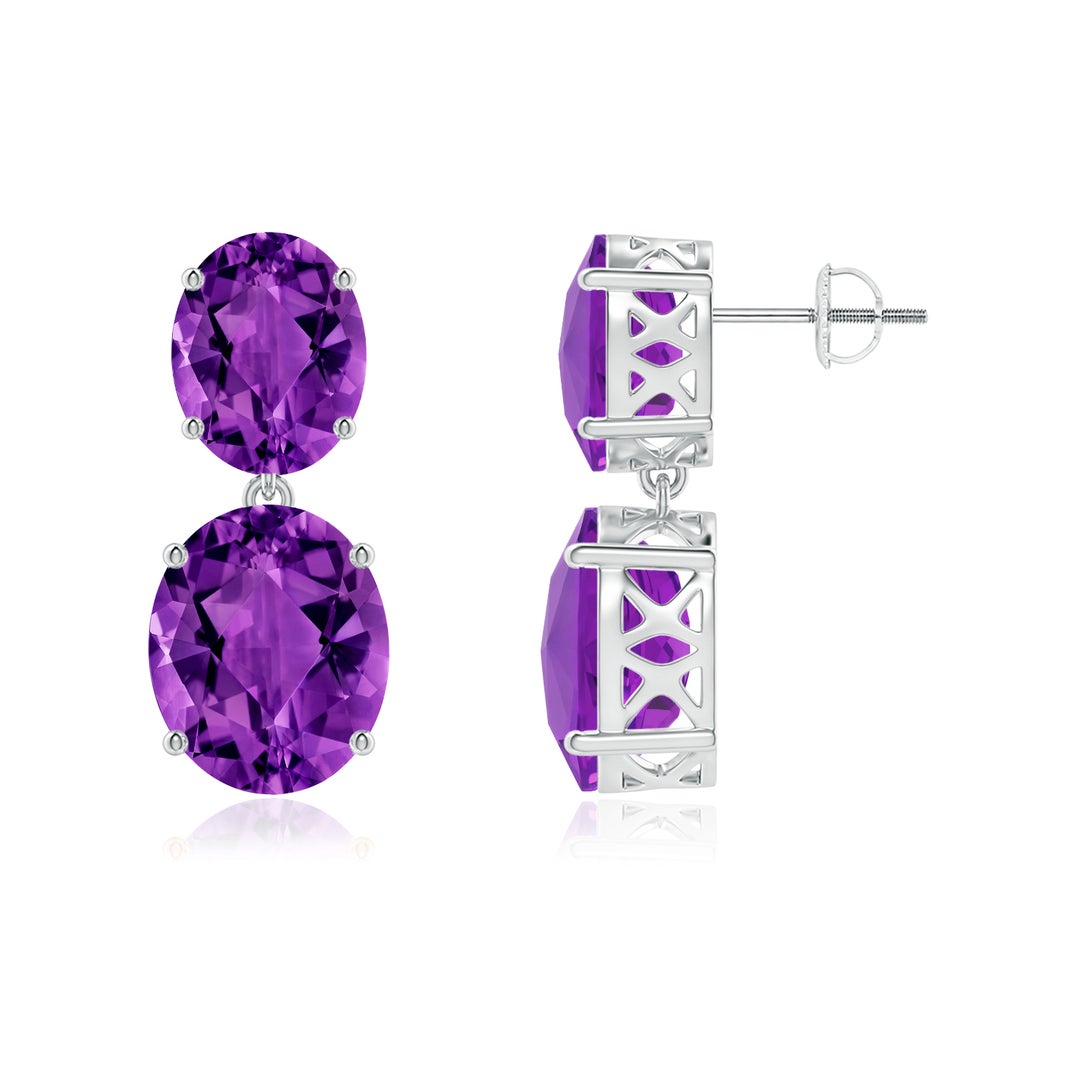 12x10mm AAAA Oval Amethyst Dangle Earrings in White Gold - side 2