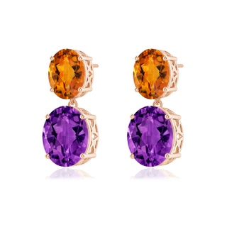 12x10mm AAAA Oval Amethyst and Citrine Dangle Earrings in 9K Rose Gold