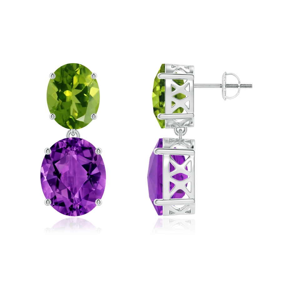 12x10mm AAAA Oval Amethyst and Peridot Dangle Earrings in White Gold side-1