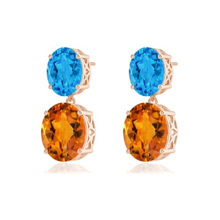 12x10mm AAAA Oval Citrine and Swiss Blue Topaz Dangle Earrings in 10K Rose Gold