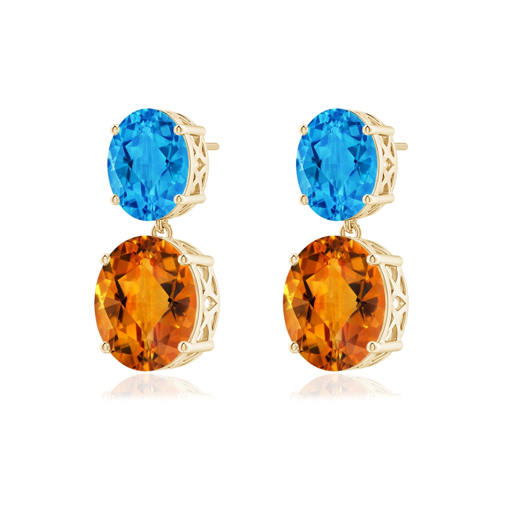 12x10mm AAAA Oval Citrine and Swiss Blue Topaz Dangle Earrings in Yellow Gold
