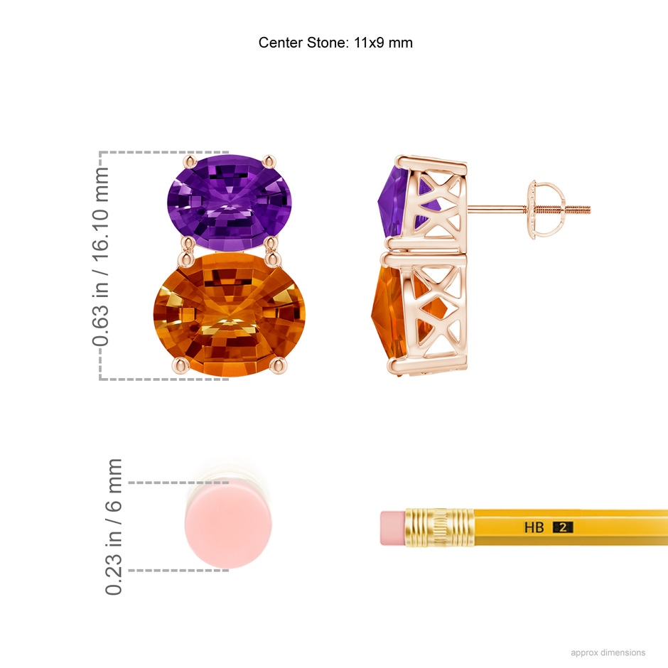 11x9mm AAAA Oval Citrine and Amethyst Earrings in Rose Gold ruler