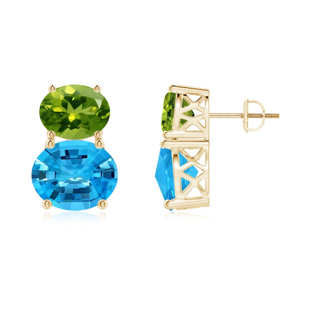 11x9mm AAAA Oval Swiss Blue Topaz and Peridot Earrings in Yellow Gold