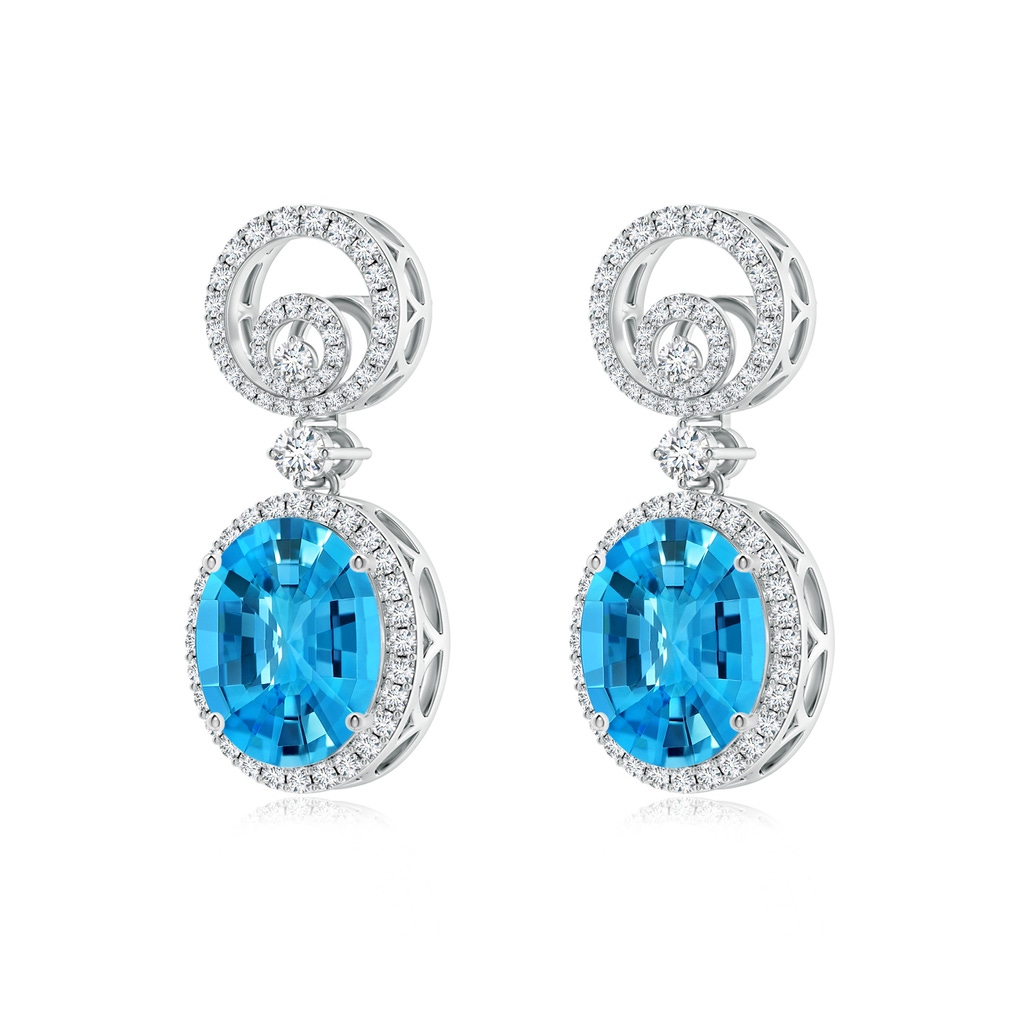 11x9mm AAAA Oval Swiss Blue Topaz Dangle Earrings with Diamonds in White Gold