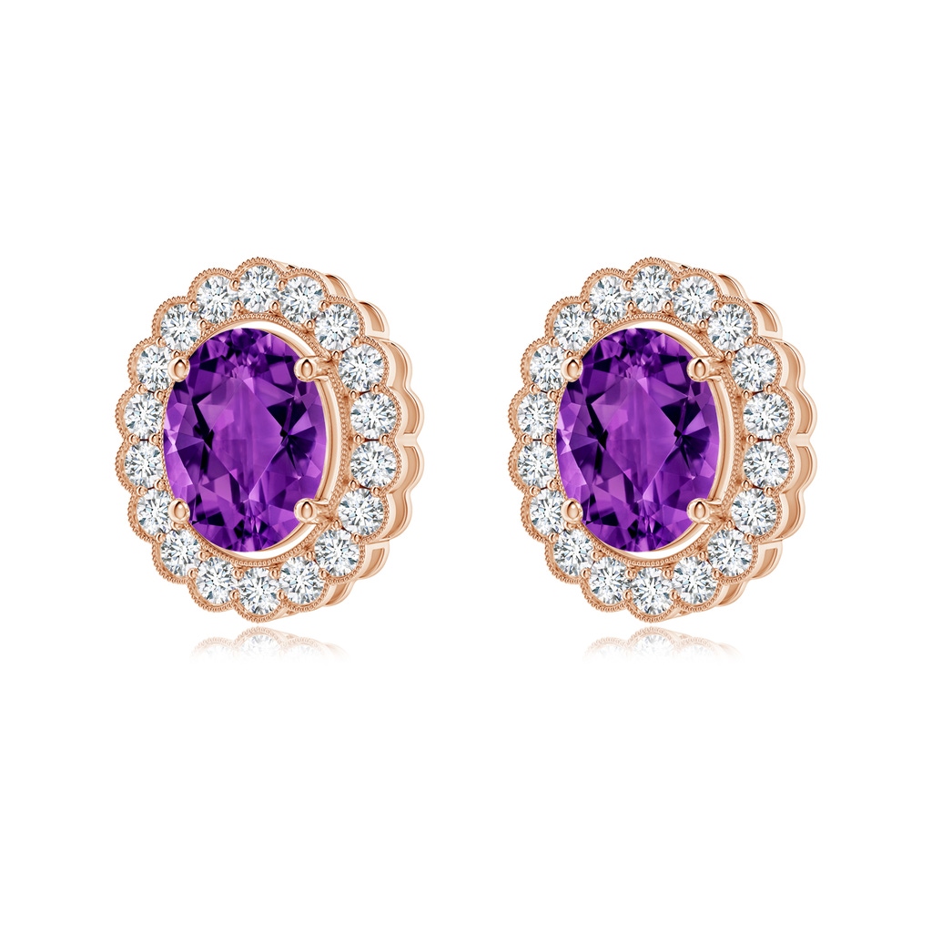 10x8mm AAAA Vintage Inspired Oval Amethyst Floating Halo Studs in Rose Gold
