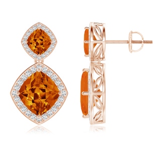 11x10mm AAAA Lozenge-Shaped Citrine and Diamond Halo Earrings in Rose Gold