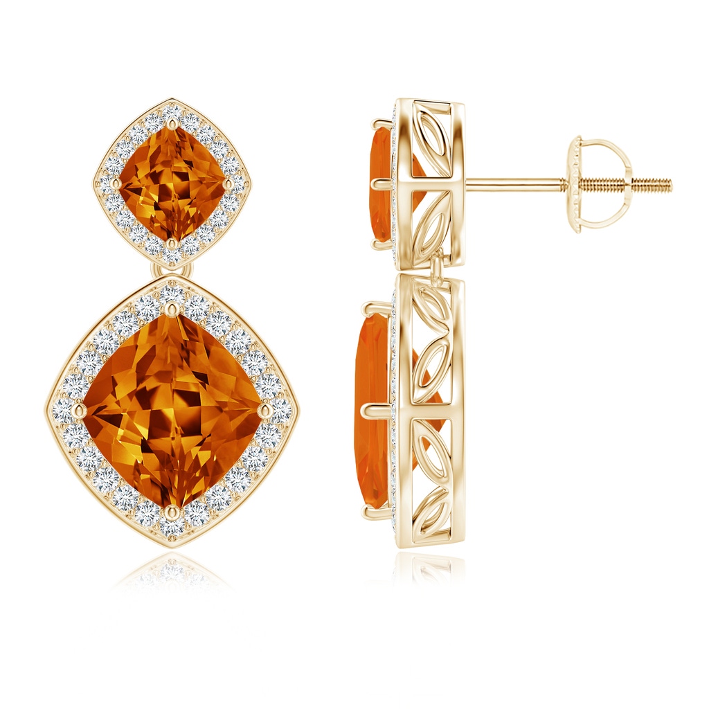 11x10mm AAAA Lozenge-Shaped Citrine and Diamond Halo Earrings in Yellow Gold