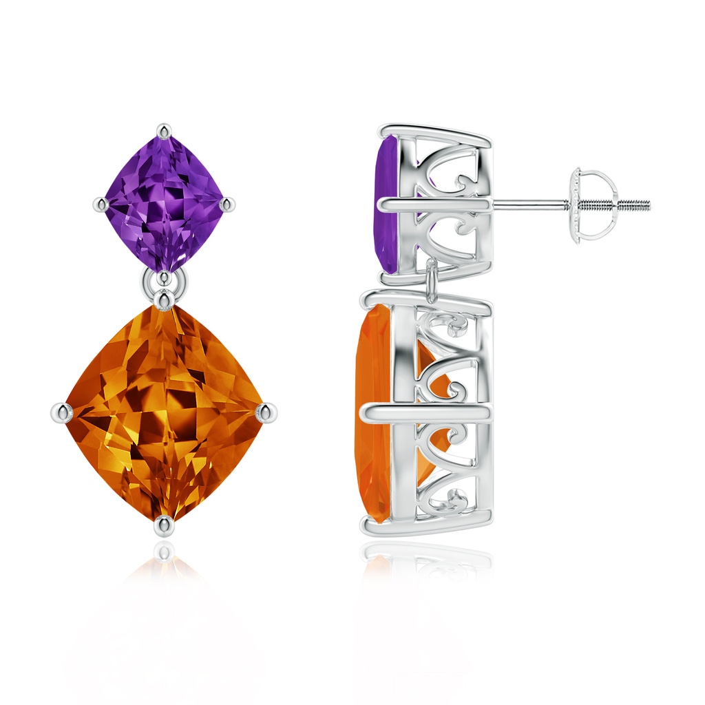 11x10mm AAAA Prong-Set Lozenge-Shaped Citrine & Amethyst Dangle Earrings in White Gold