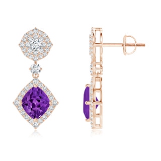 7x6mm AAAA Lozenge-Shaped Amethyst Dangle Earrings with Diamonds in Rose Gold