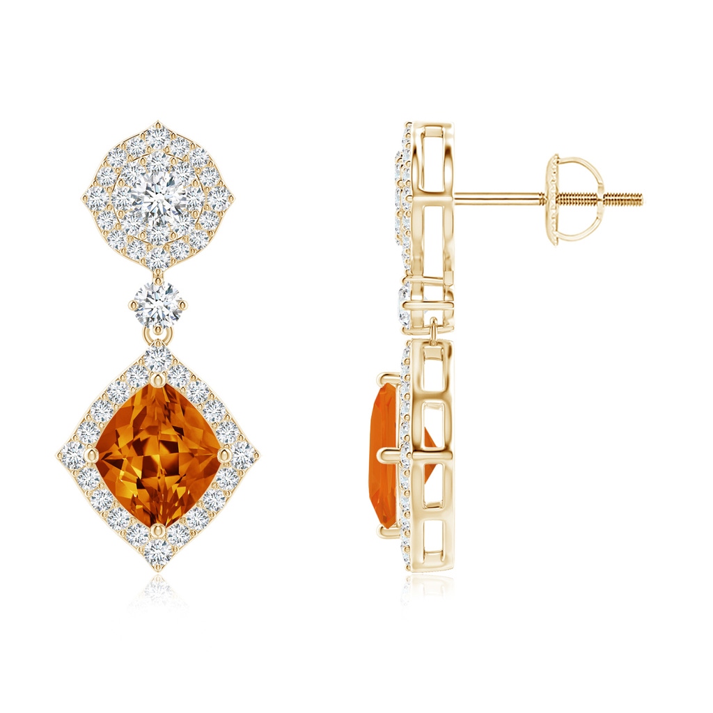 7x6mm AAAA Lozenge-Shaped Citrine Dangle Earrings with Diamonds in Yellow Gold