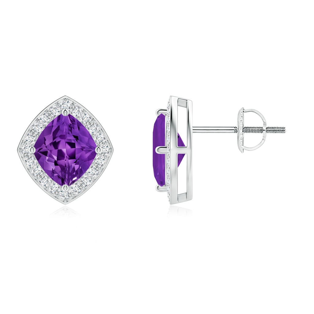7x6mm AAAA Lozenge-Shaped Amethyst and Diamond Halo Studs in White Gold