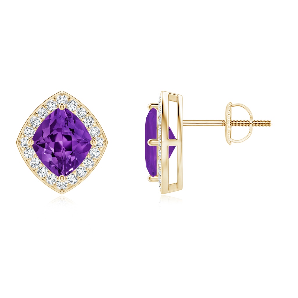 7x6mm AAAA Lozenge-Shaped Amethyst and Diamond Halo Studs in Yellow Gold