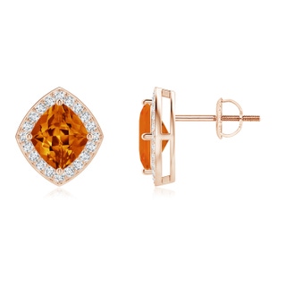 7x6mm AAAA Lozenge-Shaped Citrine and Diamond Halo Studs in 10K Rose Gold