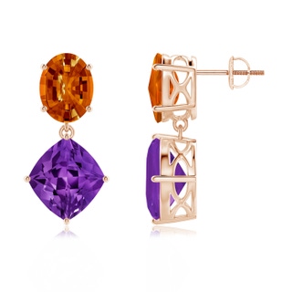 11x10mm AAAA Oval Citrine and Lozenge-Shaped Amethyst Dangle Earrings in Rose Gold