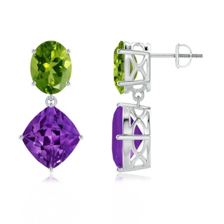 11x10mm AAAA Oval Peridot and Lozenge-Shaped Amethyst Dangle Earrings in P950 Platinum